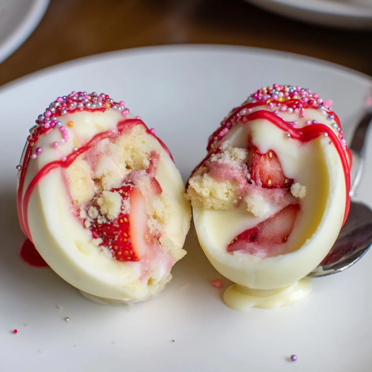 Strawberry Shortcake Easter Egg Bombs: glossy chocolate shells filled with billowy cream