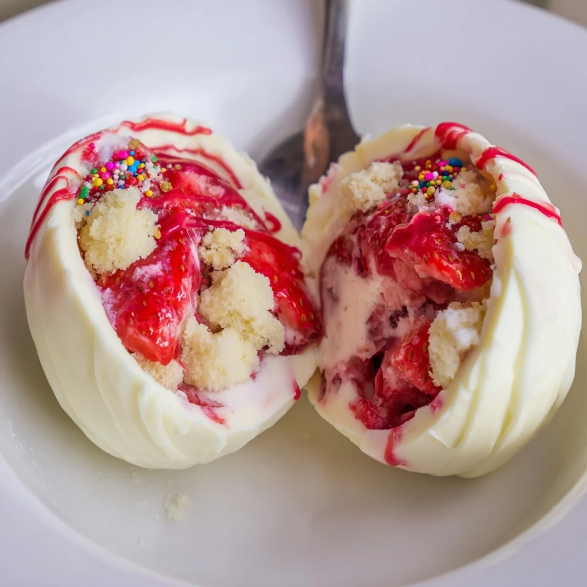 Mini Strawberry Shortcake Easter Egg Bombs chilled, drizzled with melted chocolate and sprinkles
