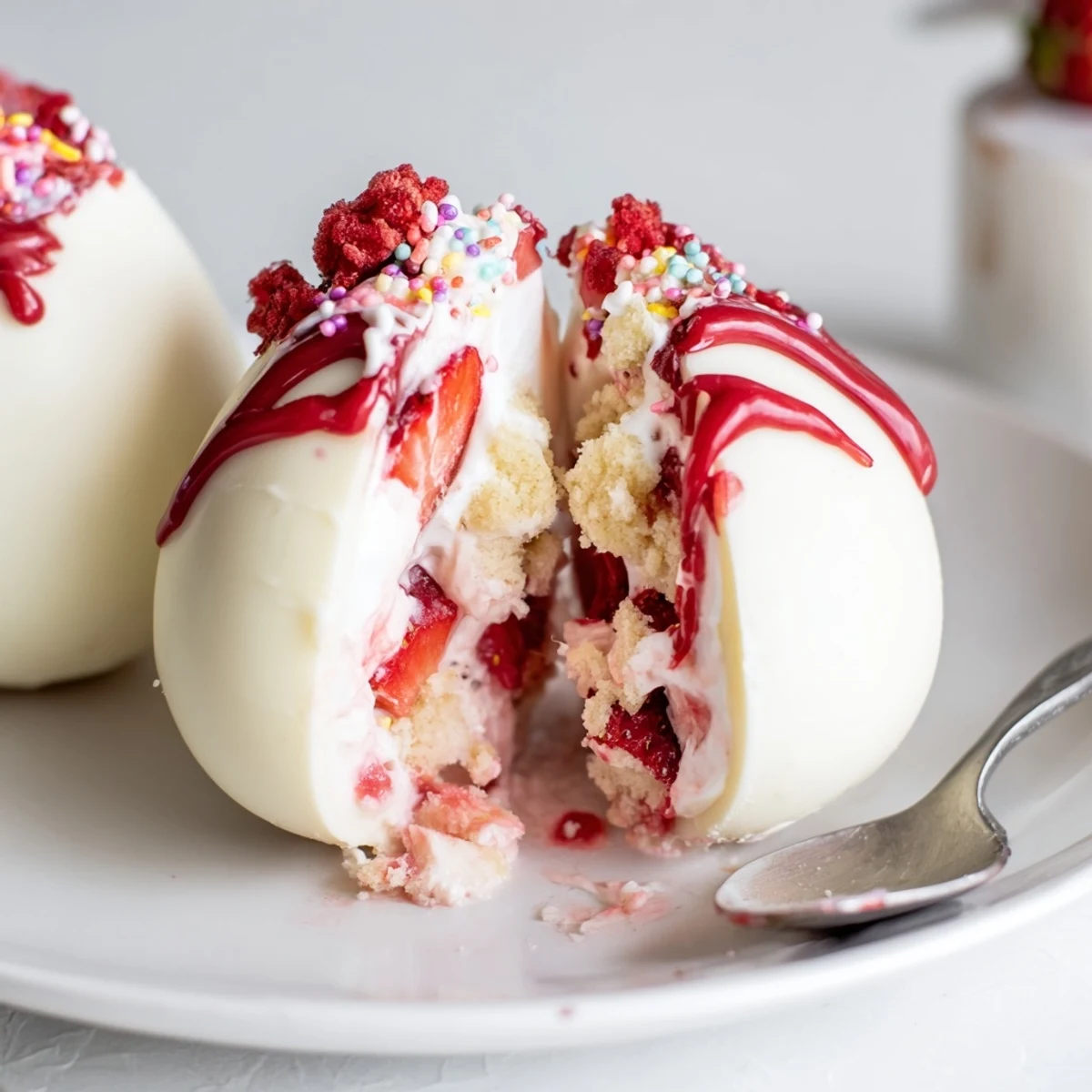 Handheld Strawberry Shortcake Easter Egg Bombs dusted with crushed shortcake, ripe strawberries