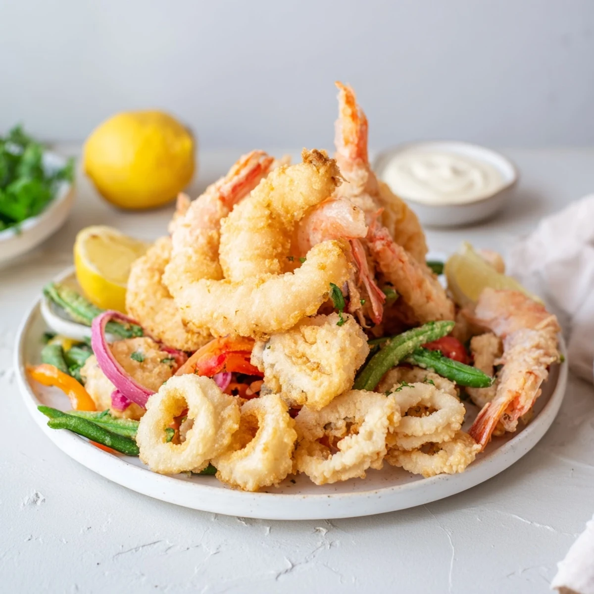 Crispy Shrimp Fritto Misto with parsley garnish, aioli dipping bowl beside