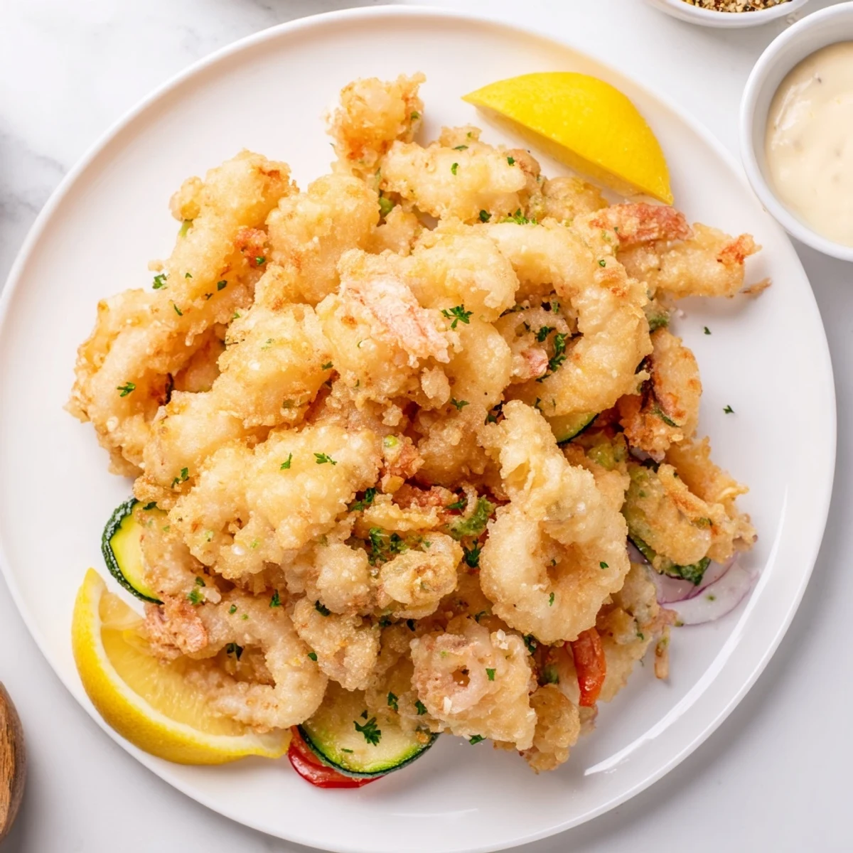 Crispy Shrimp Fritto Misto piled on platter, golden batter, lemon wedges