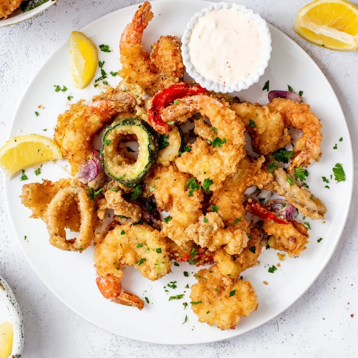 Crispy Shrimp Fritto Misto: zucchini, peppers, and shrimp, steaming, crunchy bite