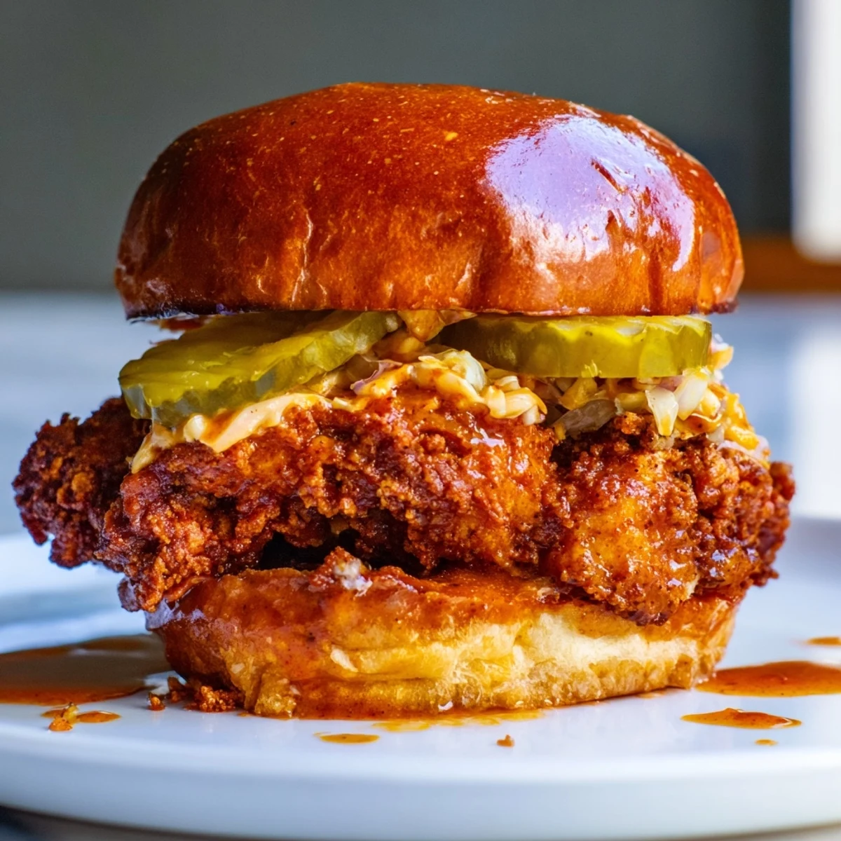 Spicy Nashville Hot Chicken Sandwiches with glossy cayenne glaze, crispy toasted brioche, pickles