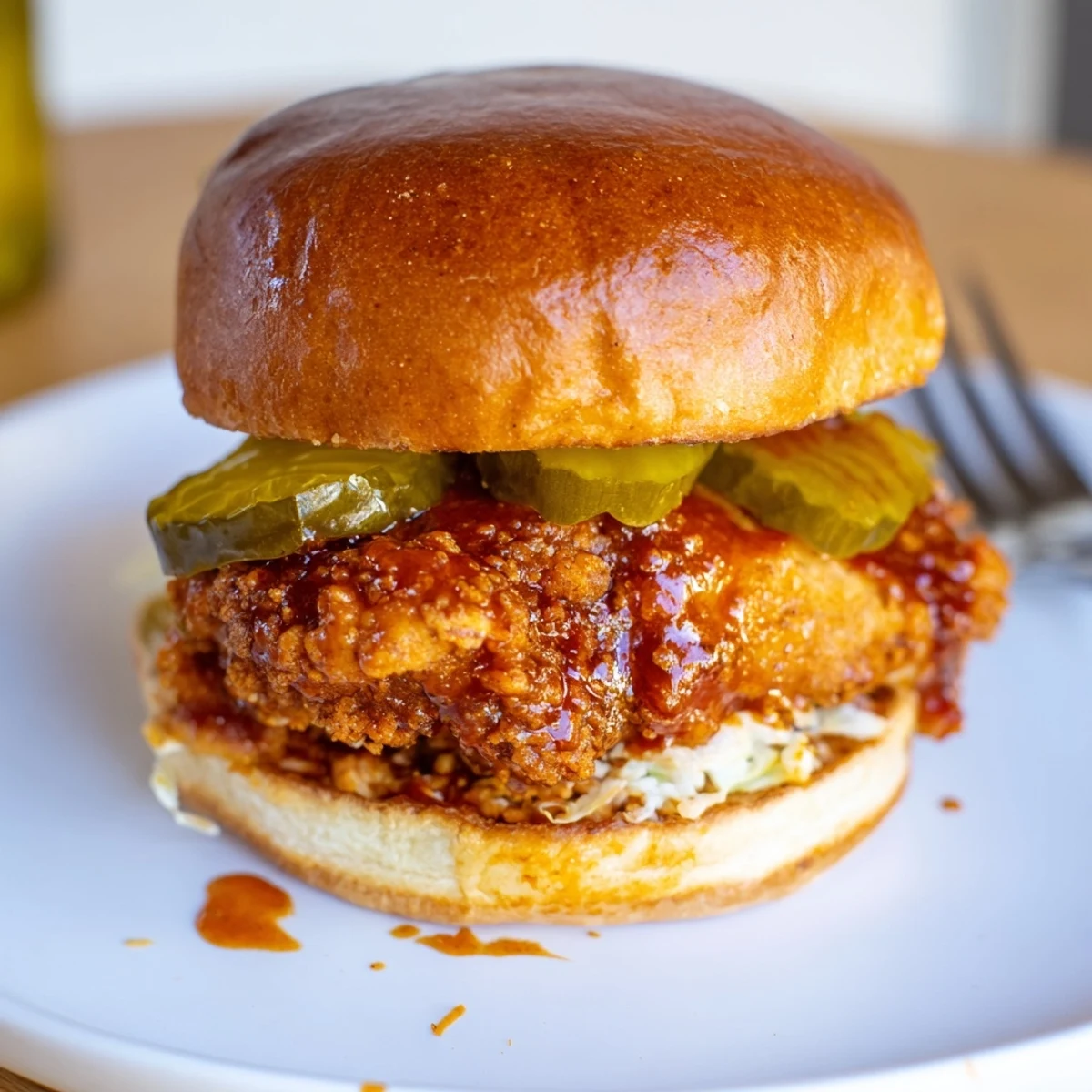 Crispy Spicy Nashville Hot Chicken Sandwiches piled with creamy coleslaw and tangy pickles