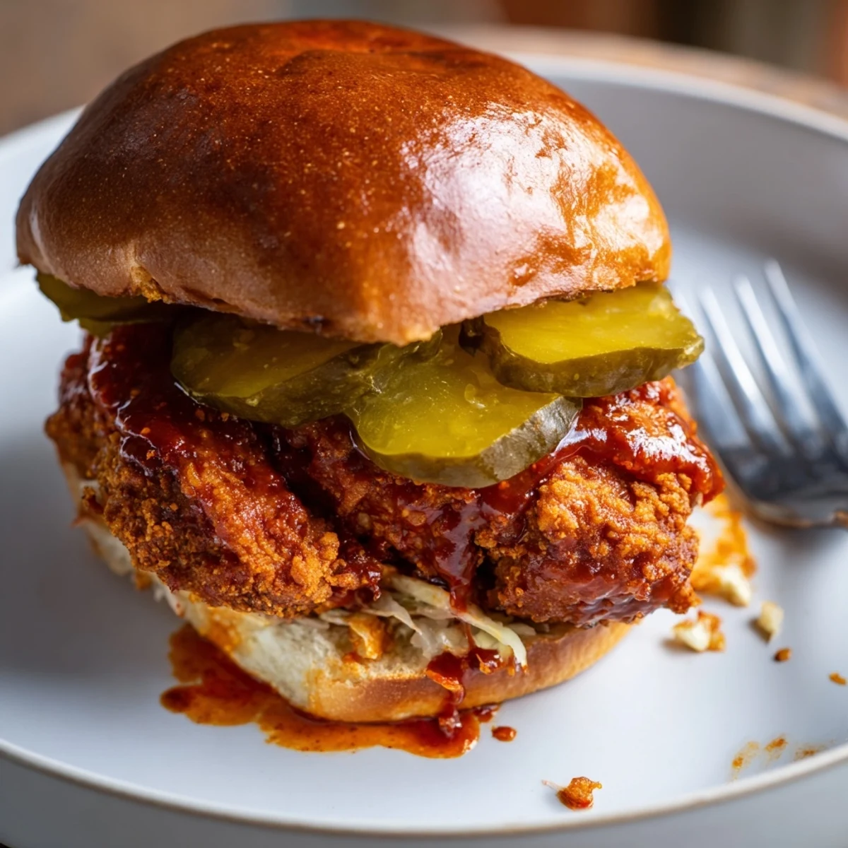 Close up of Spicy Nashville Hot Chicken Sandwiches, juicy thigh meat glistening under sauce