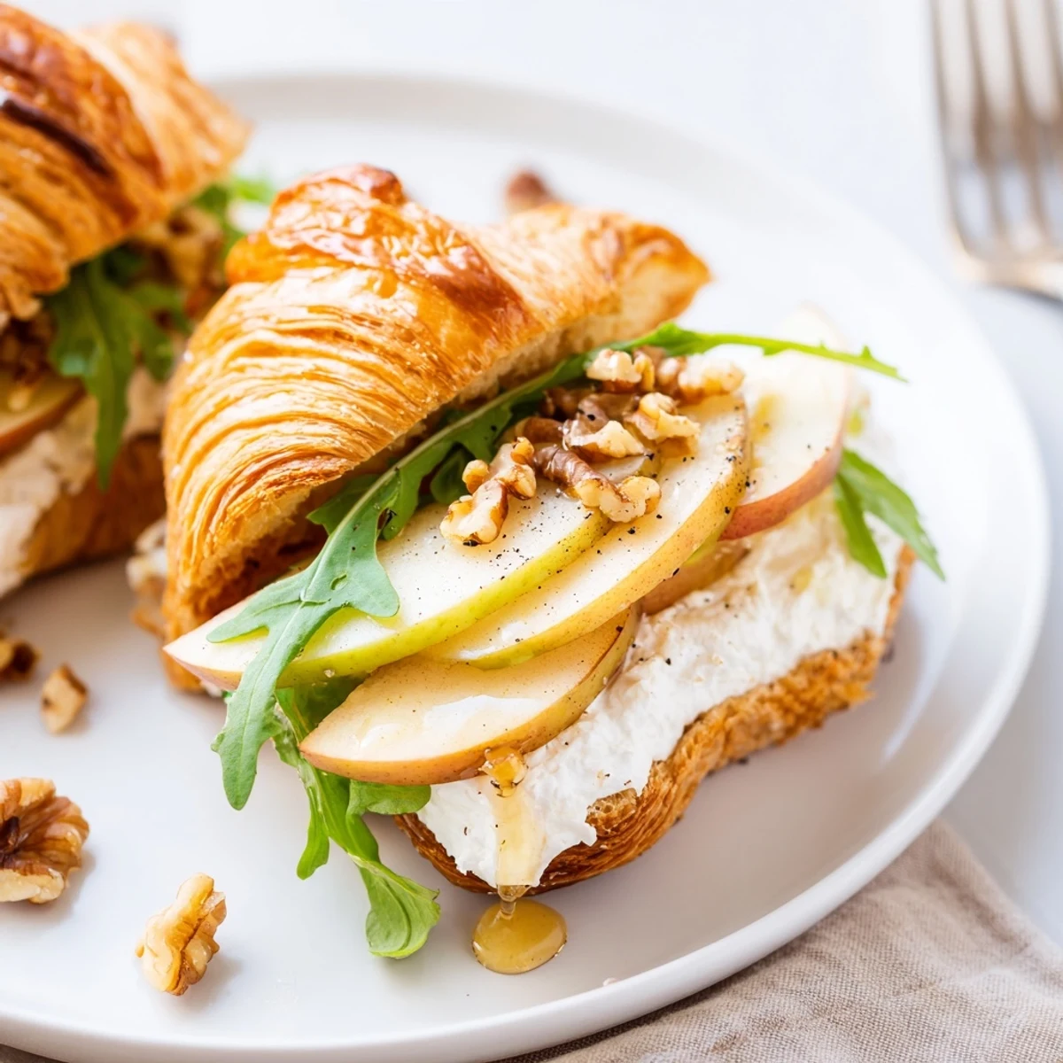 Apple Goat Cheese Croissant Sandwich with crisp apple slices, peppery arugula, fig jam  