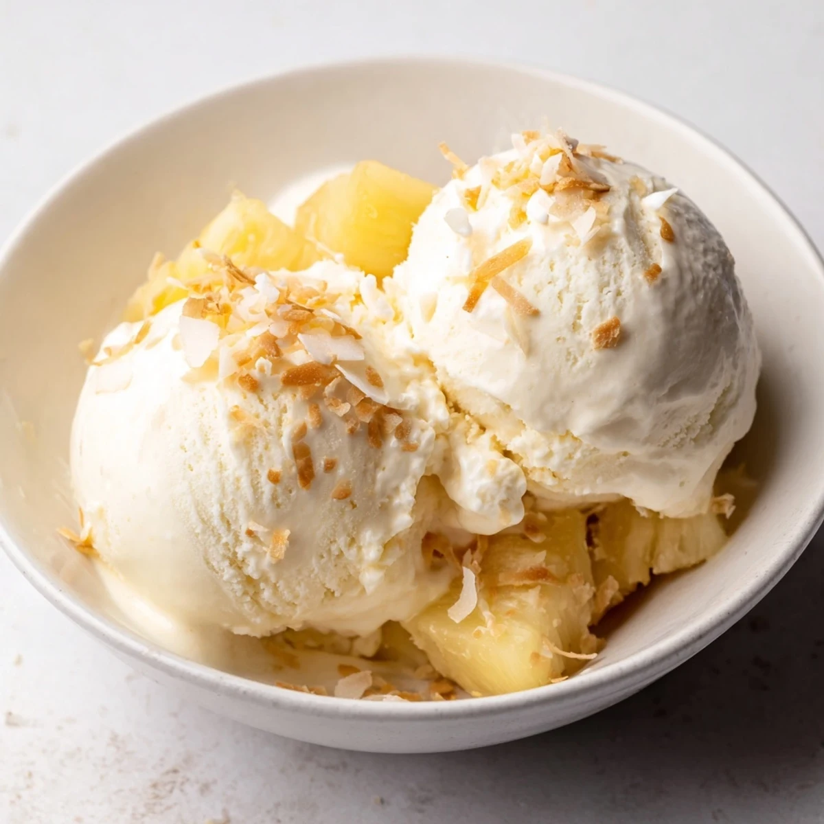 Creamy Pineapple Ice Cream scoops melting slightly, bright tropical aroma, chilled bowl