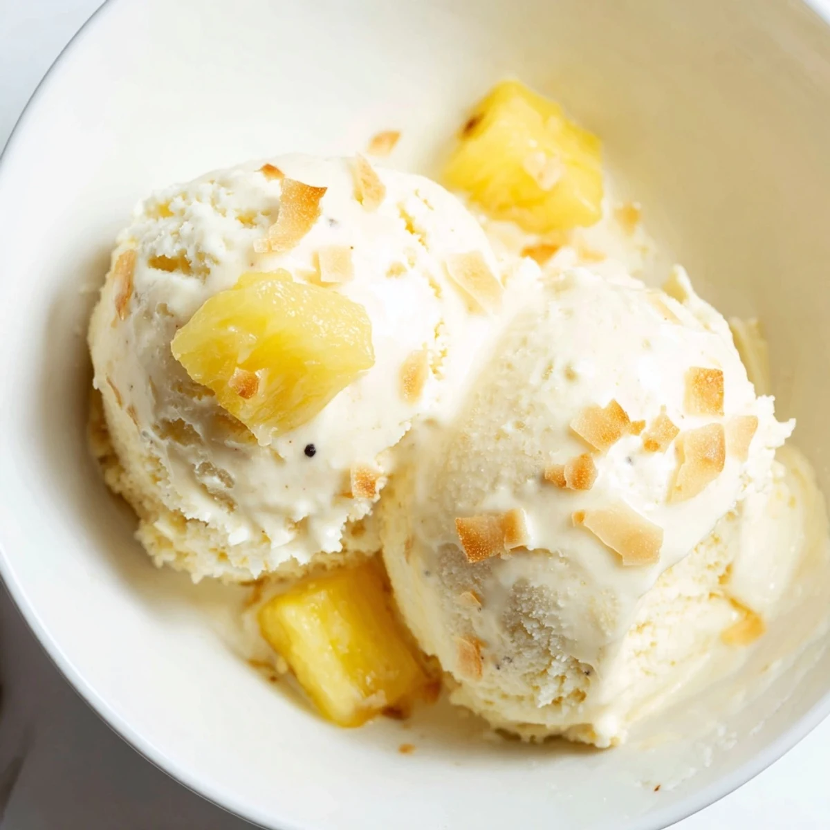 Homemade Creamy Pineapple Ice Cream with tangy pineapple chunks, toasted coconut sprinkle