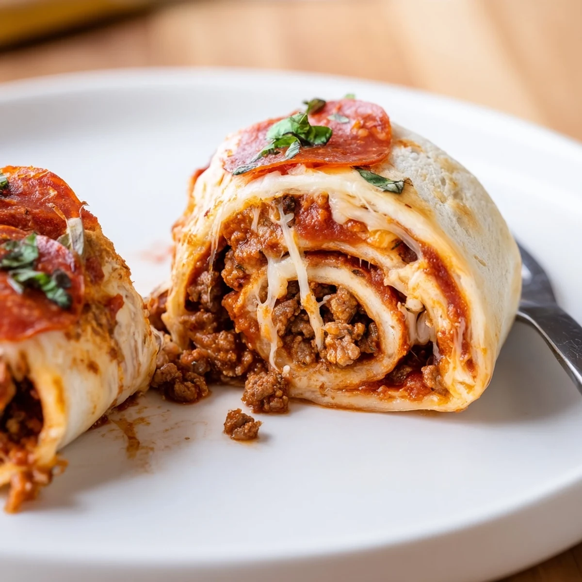 Cheesy Beef Pepperoni Pizza Roll Ups Snack Recipe on parchment, golden bubbly cheese.