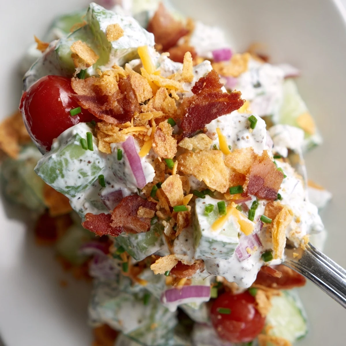 Cucumber Ranch Crack Salad piled in bowl, creamy ranch, crispy bacon topping