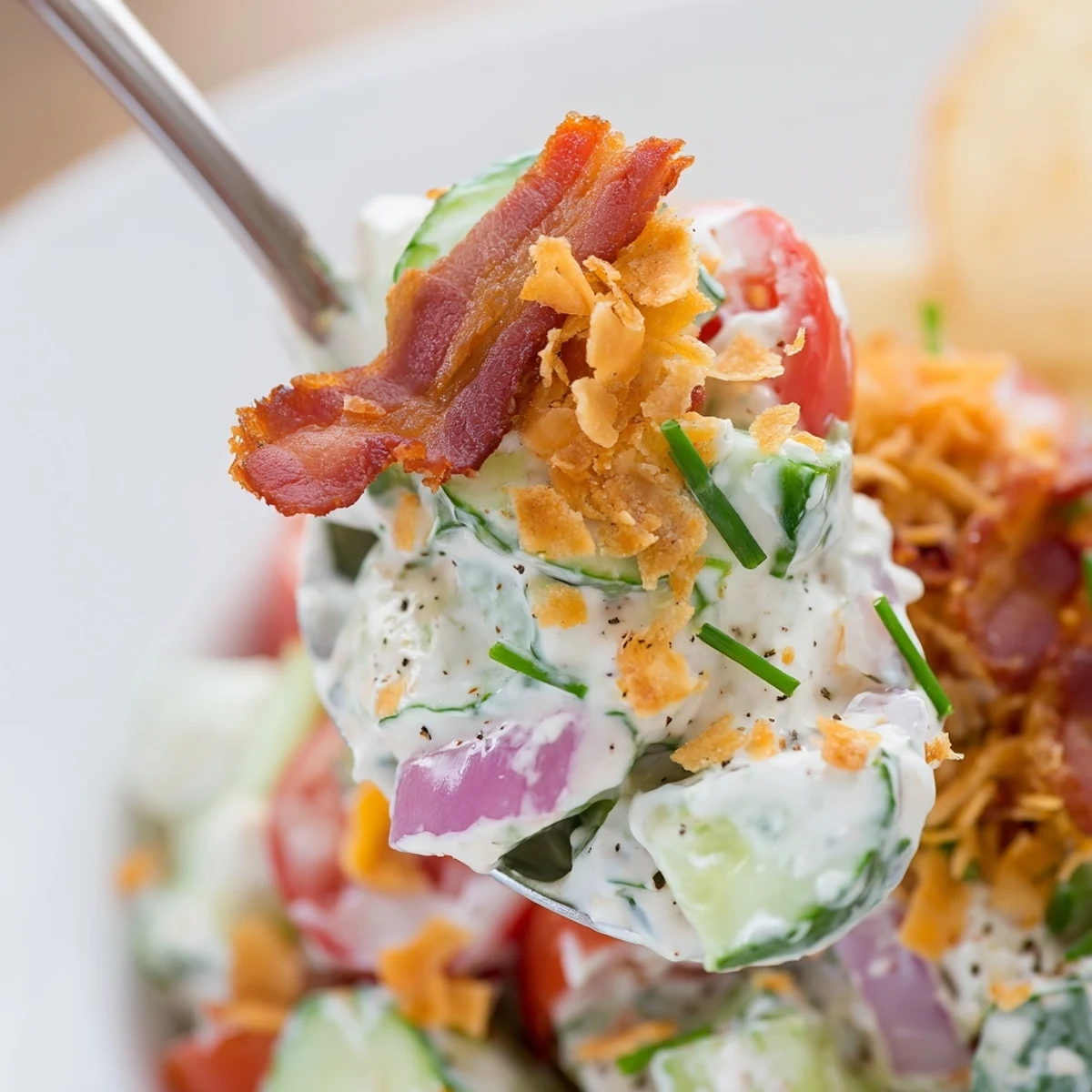 Bright Cucumber Ranch Crack Salad with crunchy chips, sharp cheddar, chives