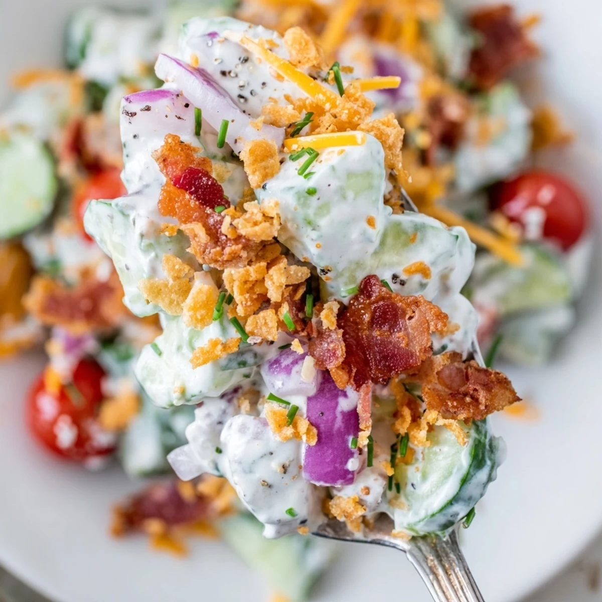 Potluck-ready Cucumber Ranch Crack Salad for summer gatherings, creamy dressing crunch