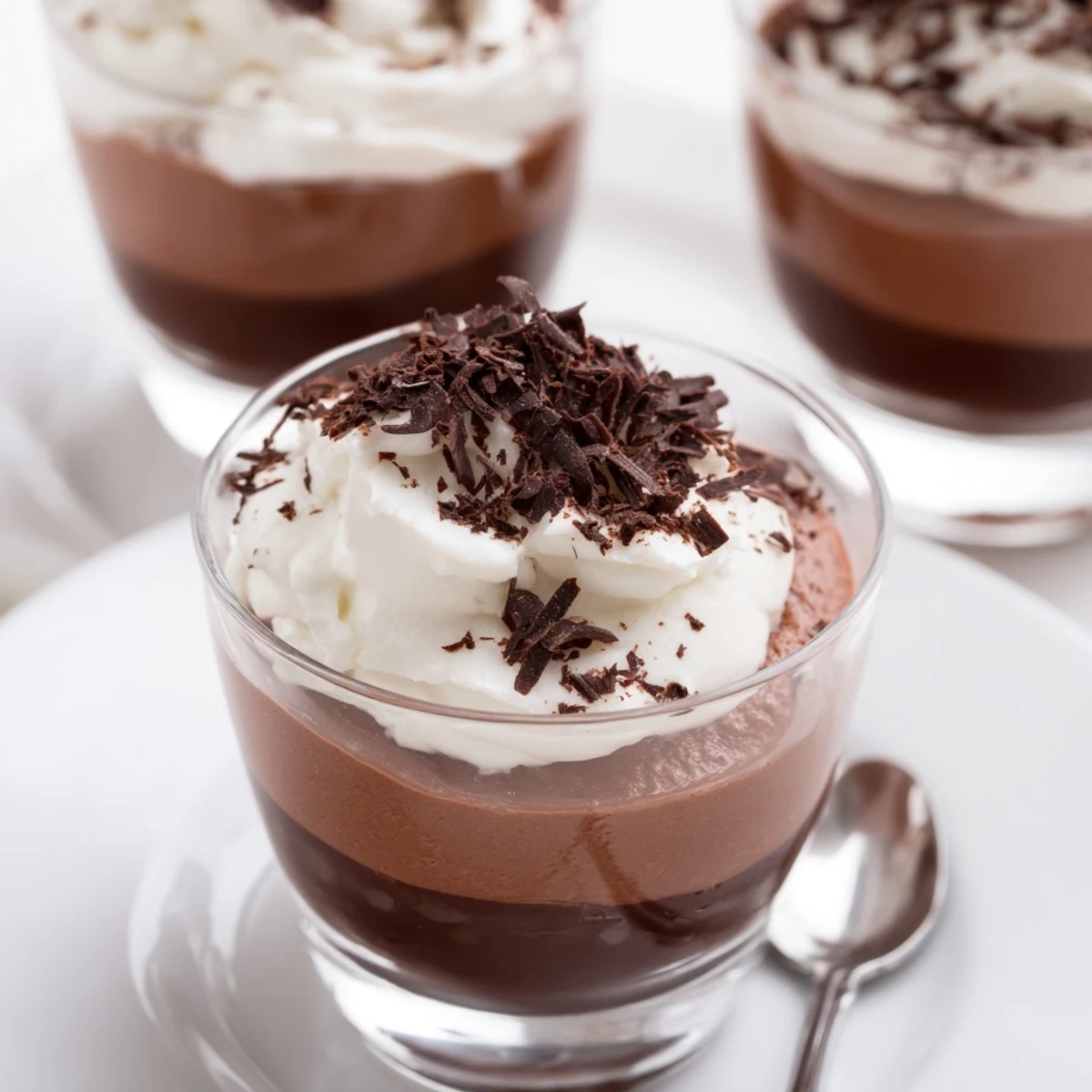 Triple Chocolate Mousse Cups showing glossy layered dark, milk, white mousses