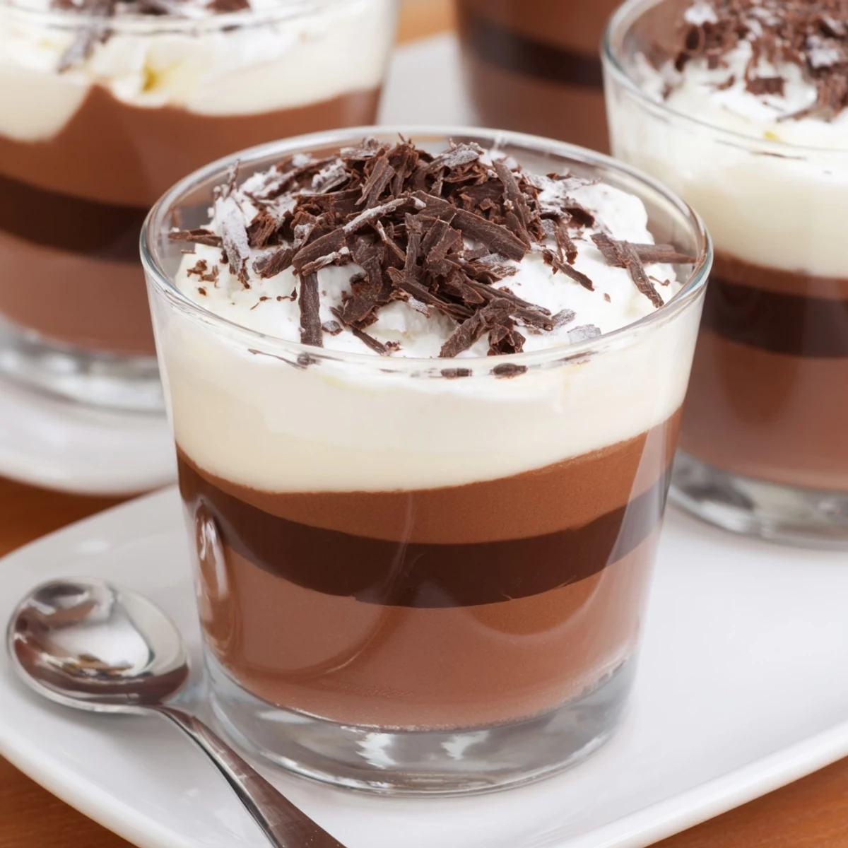 Creamy Triple Chocolate Mousse Cups chilled in glass, garnished with shavings