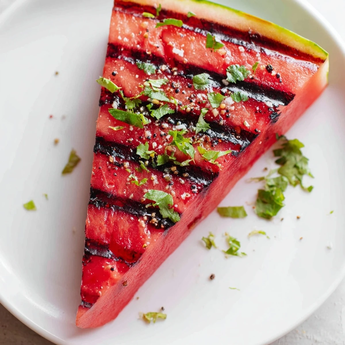 Cilantro lime grilled watermelon slices arranged on platter with smoky grill lines and green garnish
