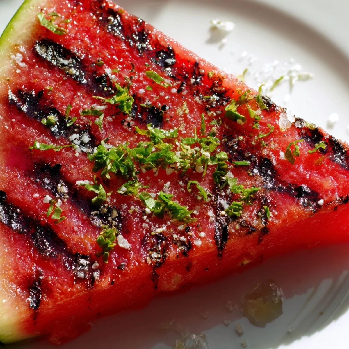 Summer side dish of warm grilled watermelon drizzled with tangy lime juice and chopped herbs