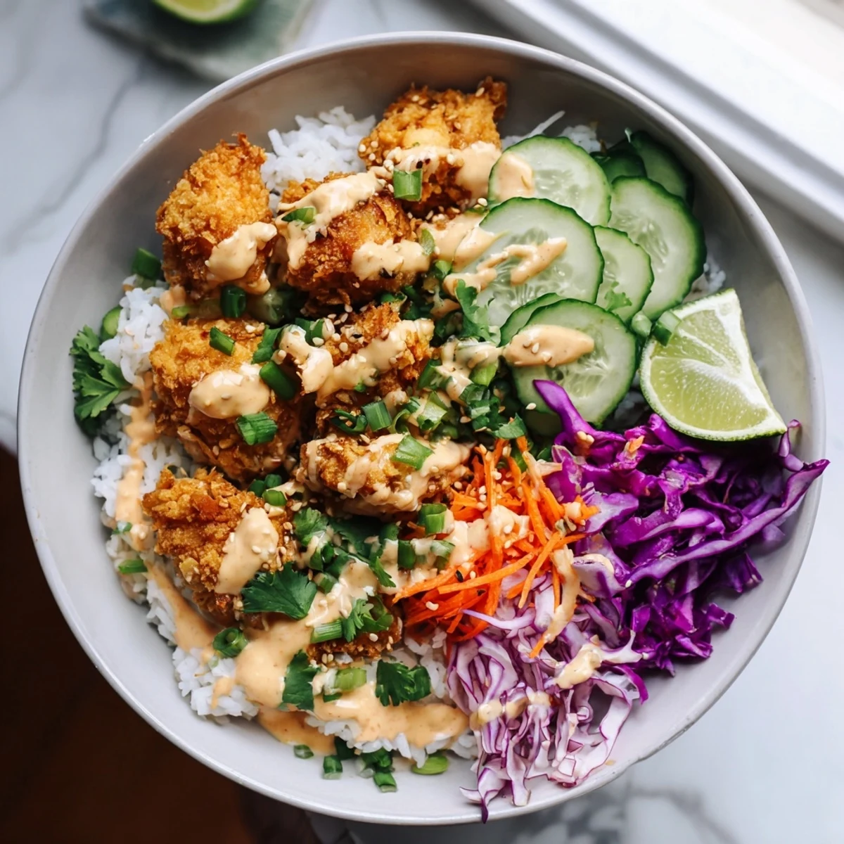 Crispy fried chicken drizzled with creamy spicy bang bang sauce over fluffy jasmine rice