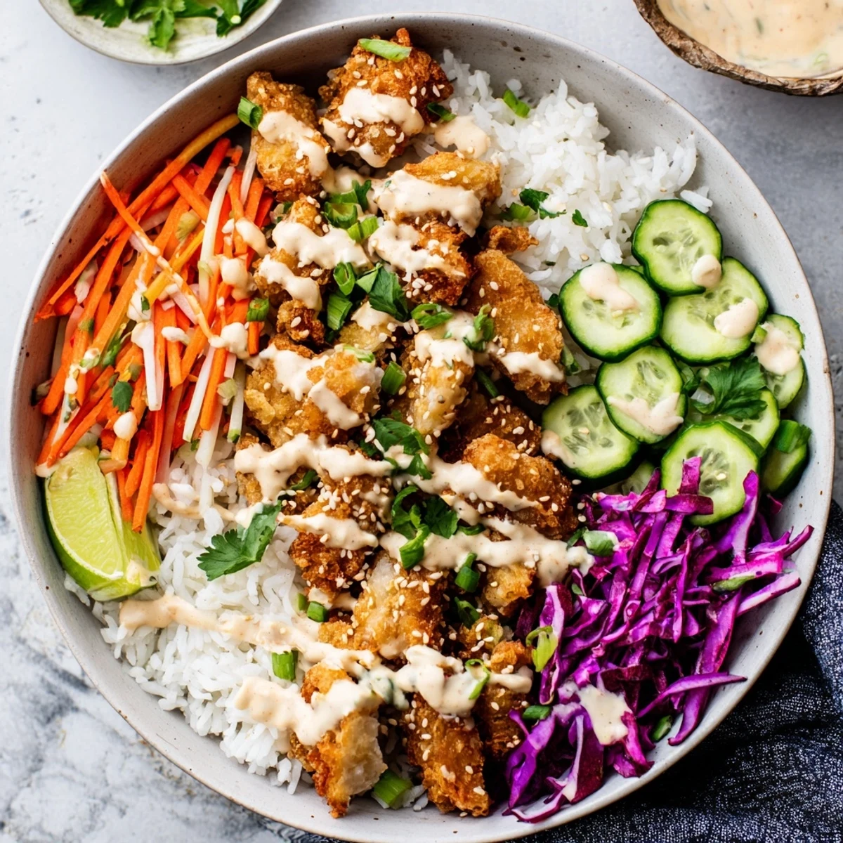 Vibrant Asian-style bowl loaded with crispy chicken fresh vegetables and tangy bang bang sauce