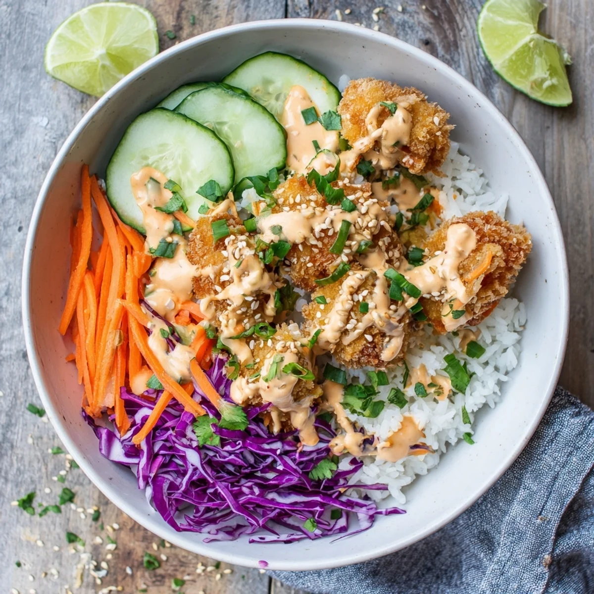 Golden chicken pieces coated in spicy sauce served with colorful vegetables and steamed rice