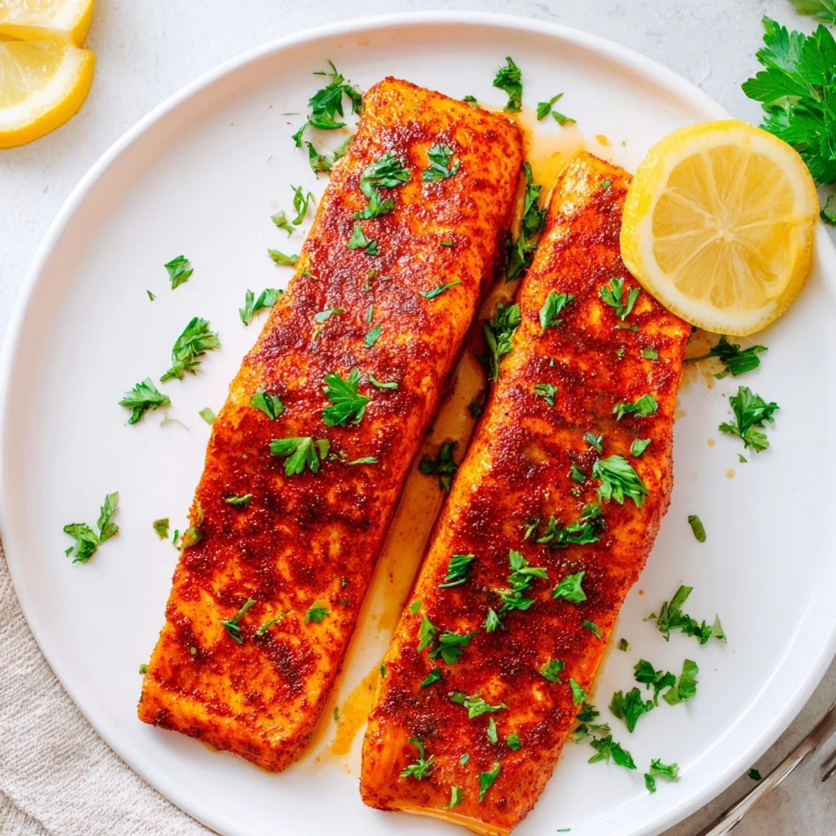 Golden brown Cajun honey salmon fillets glazed with sweet honey and sprinkled with fresh parsley
