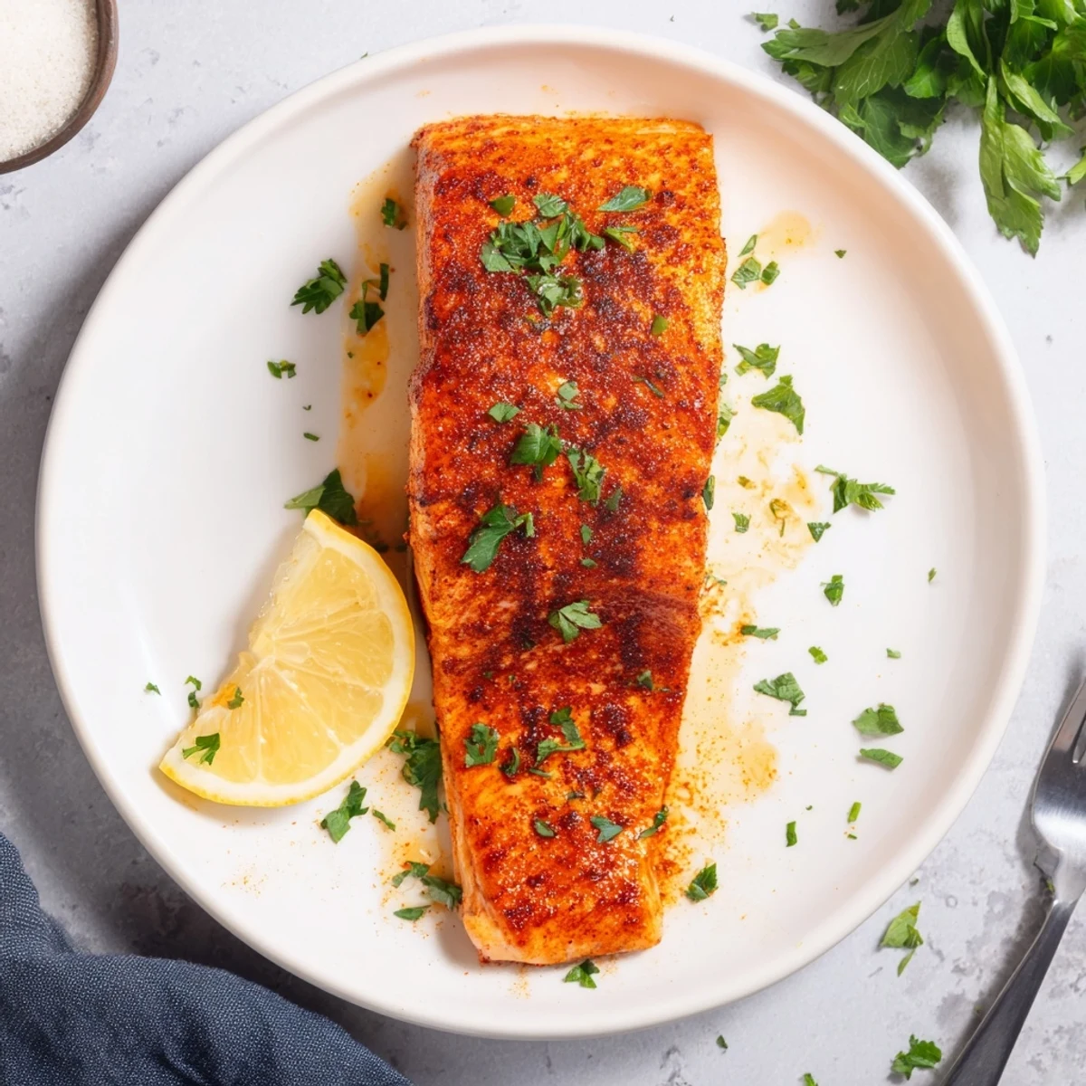 Spicy and sweet Cajun honey salmon served with lemon wedges and green onions on a platter