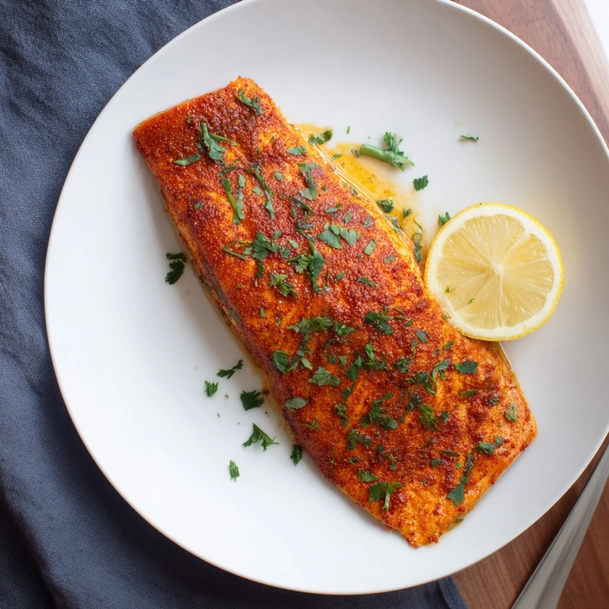 Baked salmon with spicy Cajun rub caramelized under sticky honey glaze on a white plate