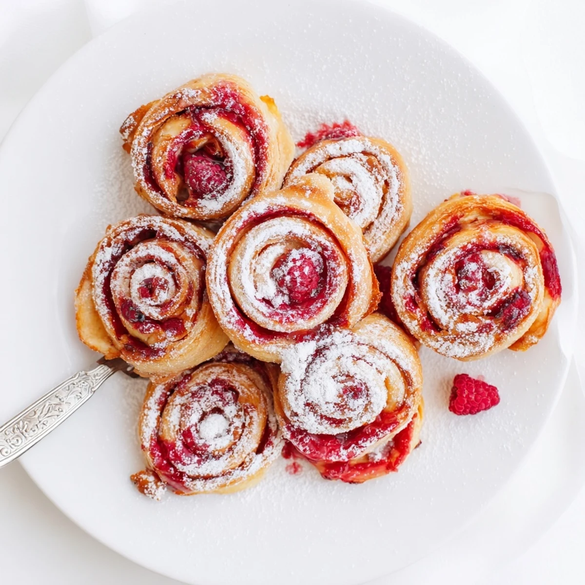Golden raspberry puff pastry rolls feature flaky layers with sweet red filling and powdered sugar topping