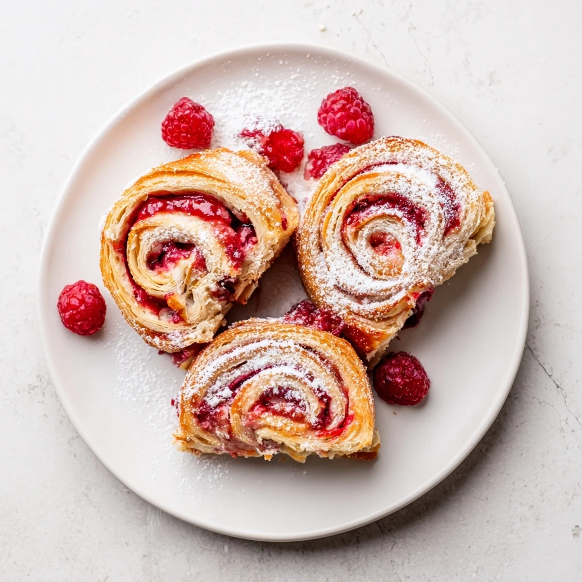 Freshly baked raspberry puff pastry rolls arranged on white plate with light sugar dusting