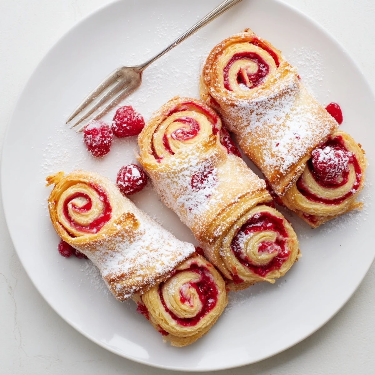Close up of warm raspberry puff pastry rolls revealing vibrant fruit preserves inside golden pastry