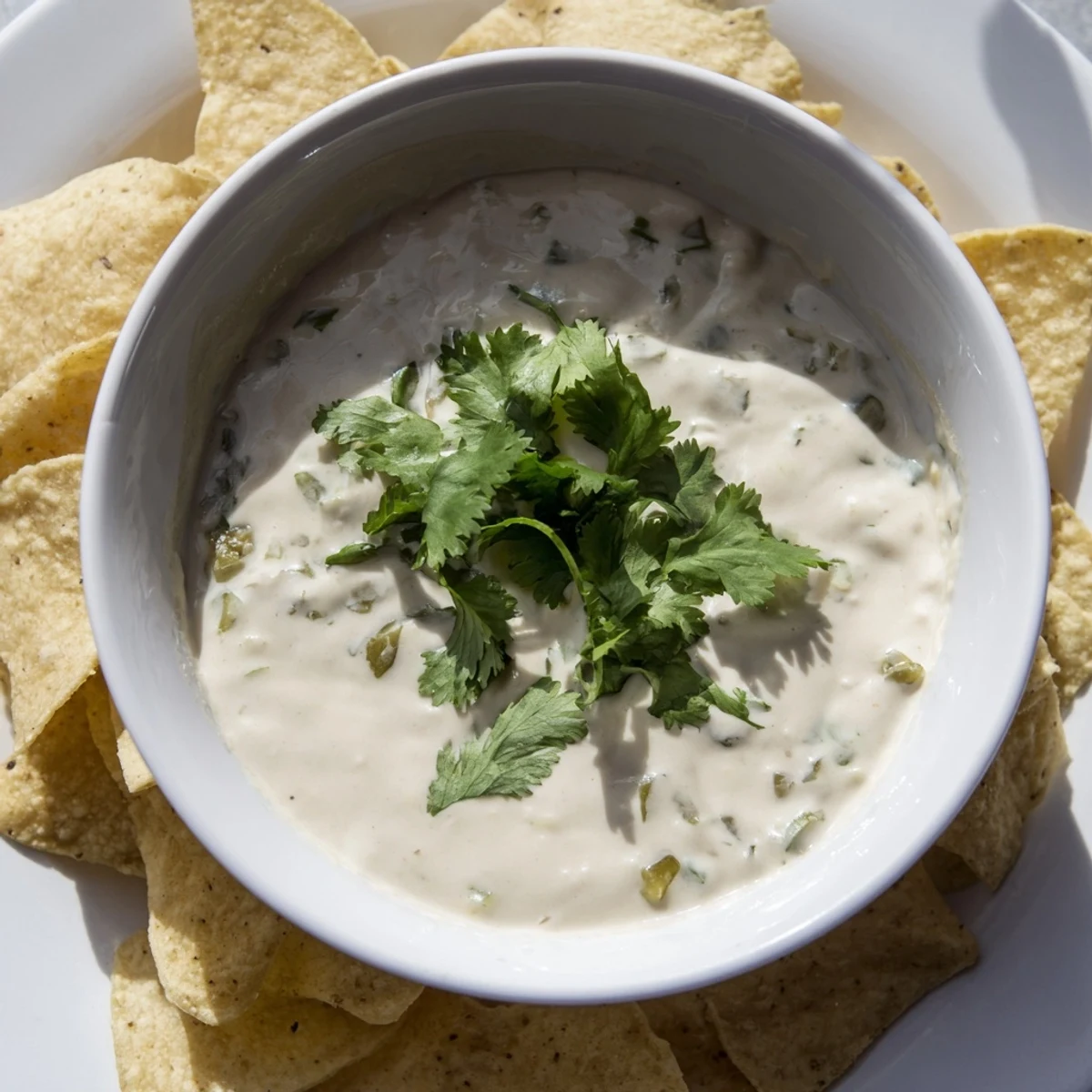 Smooth white sauce with speckled jalapeños perfect for dipping grilled chicken tacos