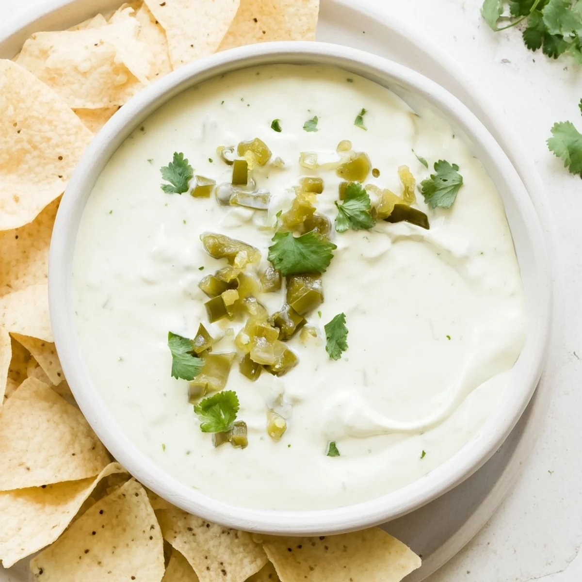 Rich and tangy Mexican white sauce served in a bowl alongside tortilla chips