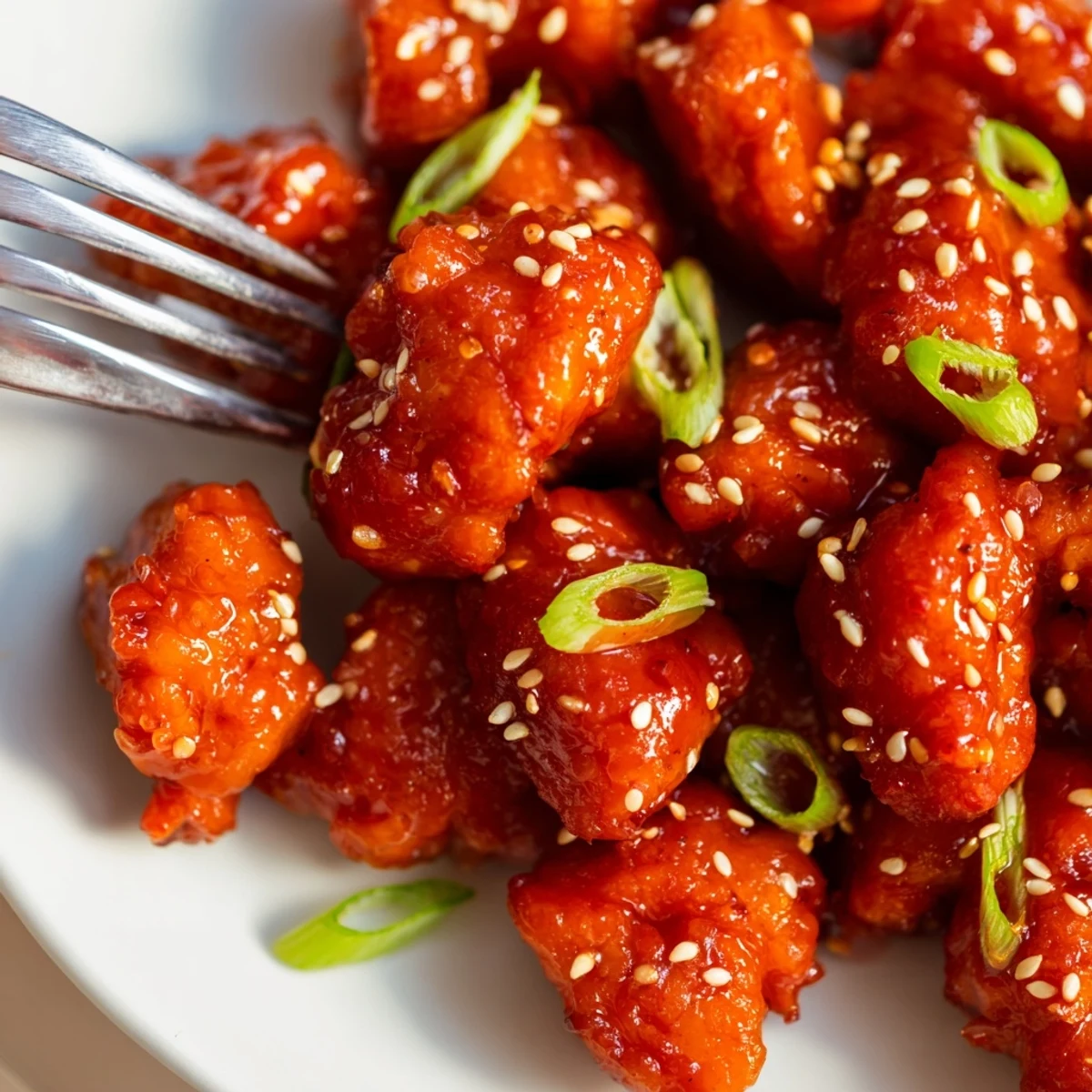 Golden brown spicy honey Sriracha chicken glazed in sticky red sauce with sesame seeds