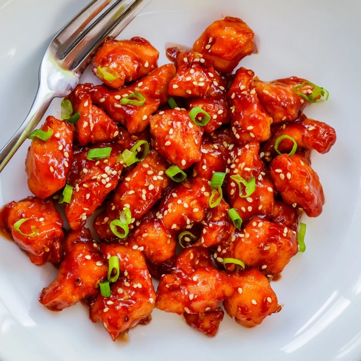 Asian fusion spicy honey Sriracha chicken garnished with green onions and fresh lime wedges