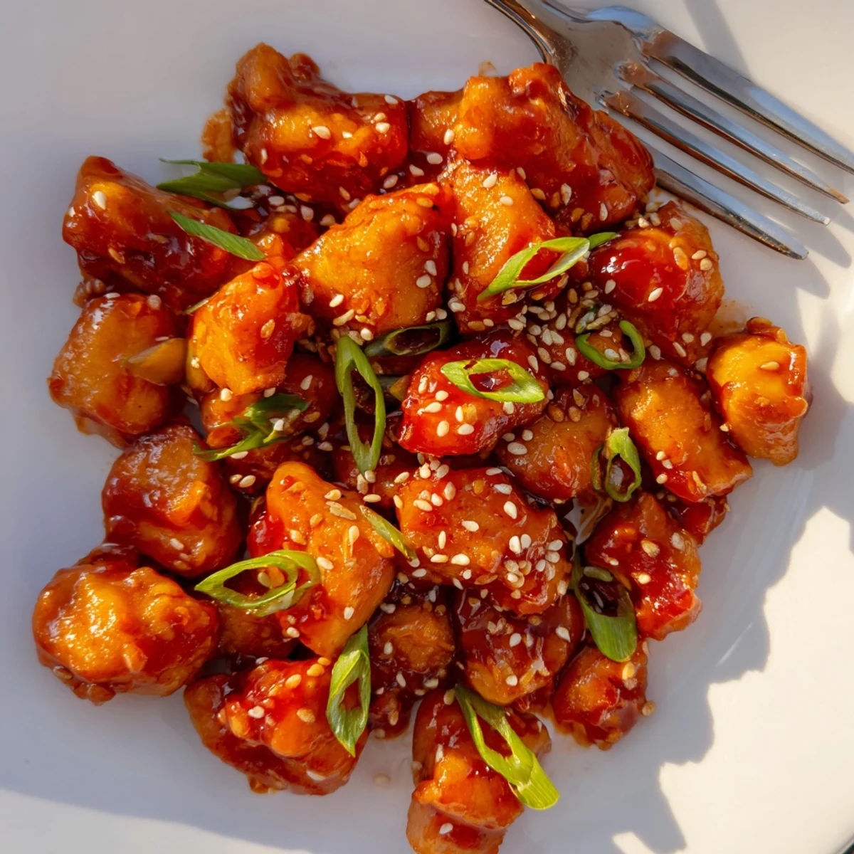 Juicy chicken pieces coated in sweet spicy honey Sriracha glaze over steaming white rice