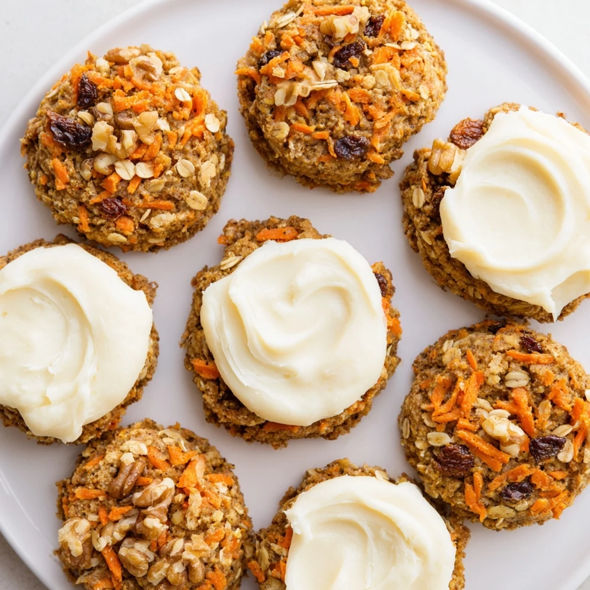 Soft homemade carrot cake cookies topped with creamy white frosting and chopped walnut pieces