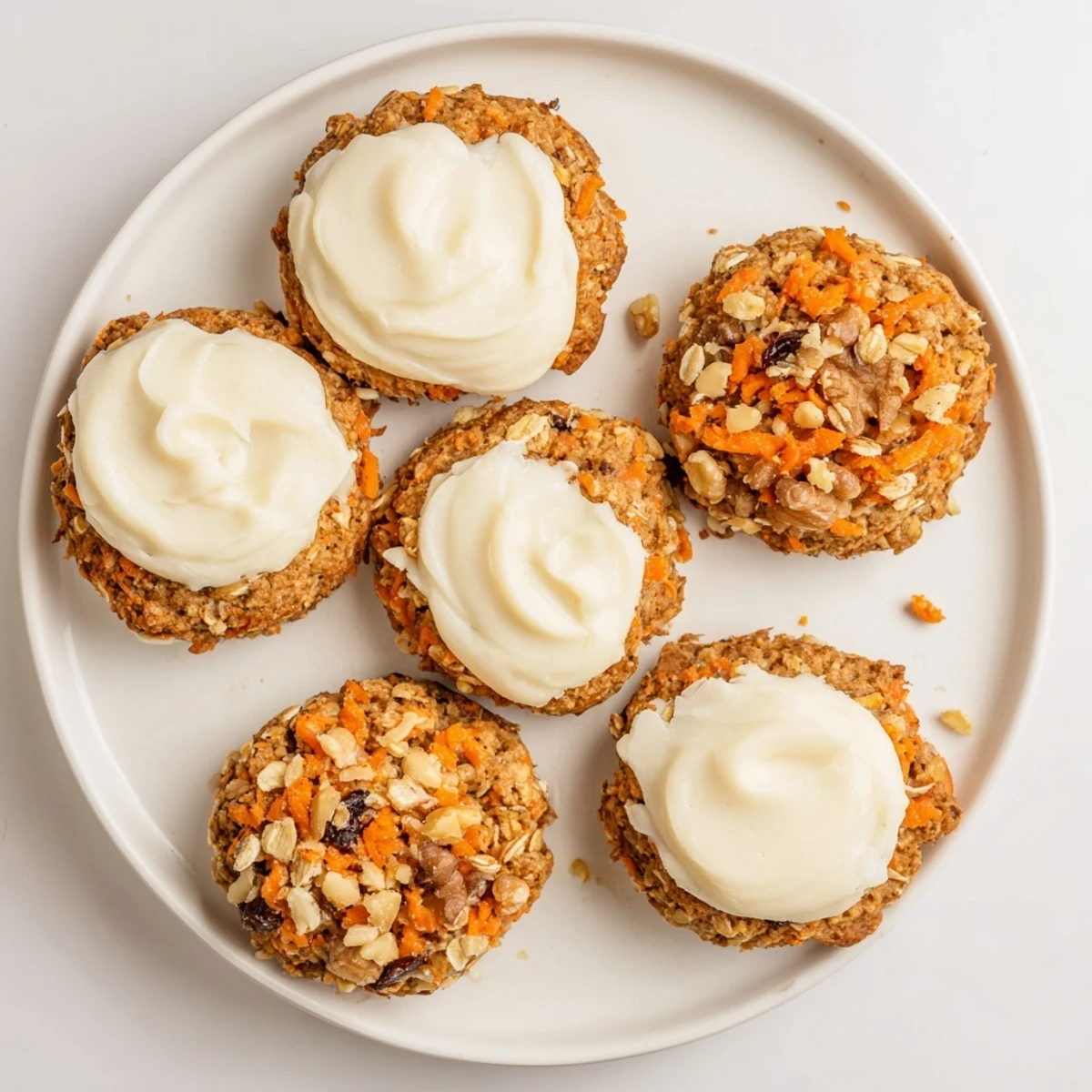 Golden spiced carrot cake cookies with visible grated carrot shreds and rolled oat texture