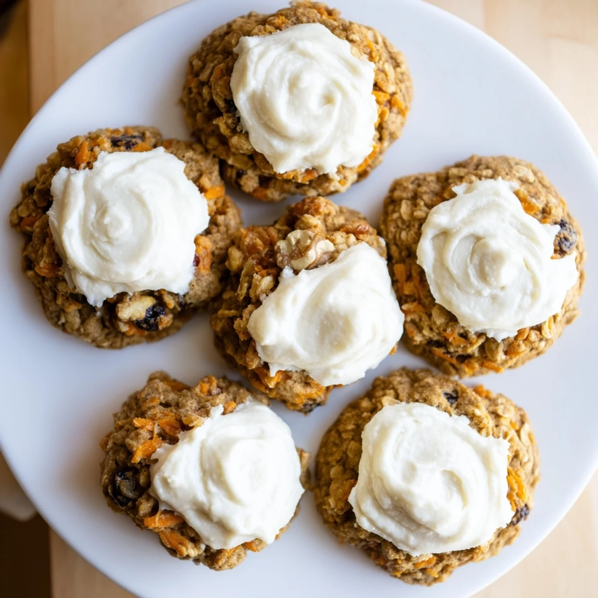 Bite-sized carrot cake cookies arranged on wooden board with piped cream cheese frosting swirls