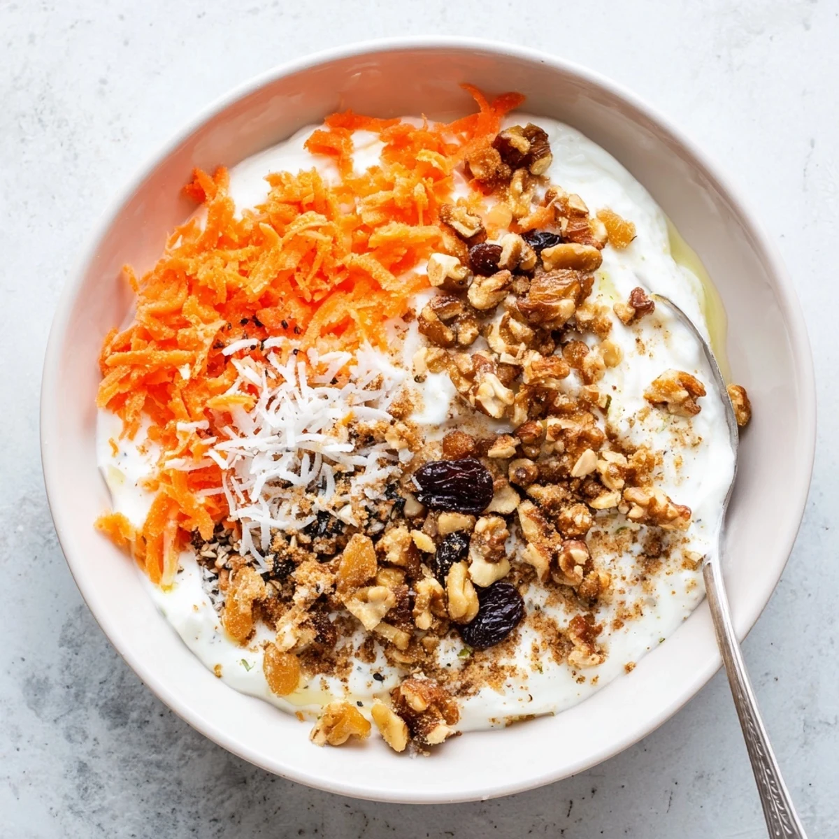 Creamy carrot cake yogurt bowl topped with grated carrots, walnuts, raisins, and shredded coconut