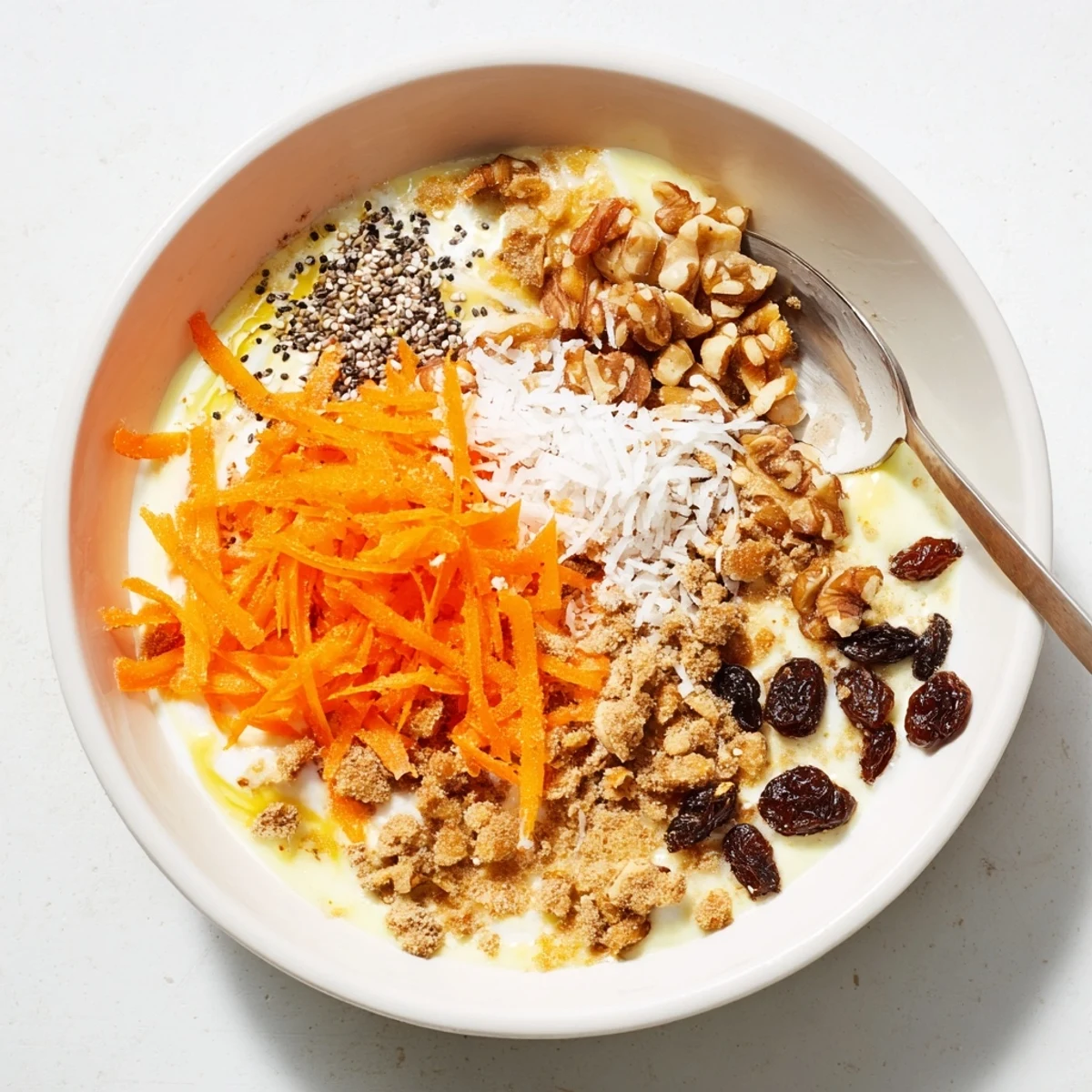 Healthy carrot cake yogurt bowl layered with spiced Greek yogurt, granola, and fresh carrot shreds