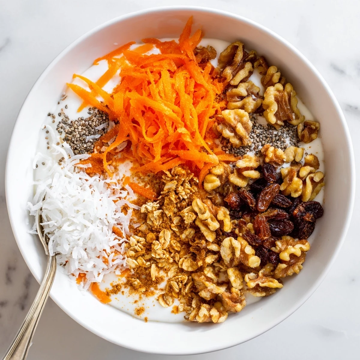 Wholesome carrot cake yogurt bowl featuring cinnamon-spiced yogurt, crunchy pecans, and sweet raisins