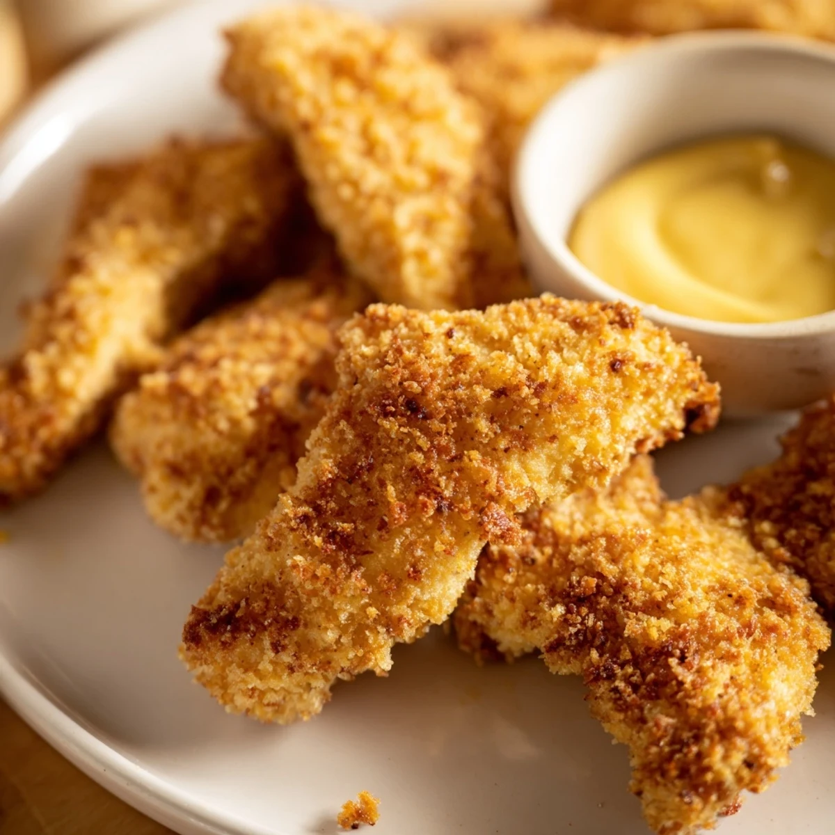 Golden honey mustard chicken tenders with crispy breadcrumb coating and tangy dipping sauce
