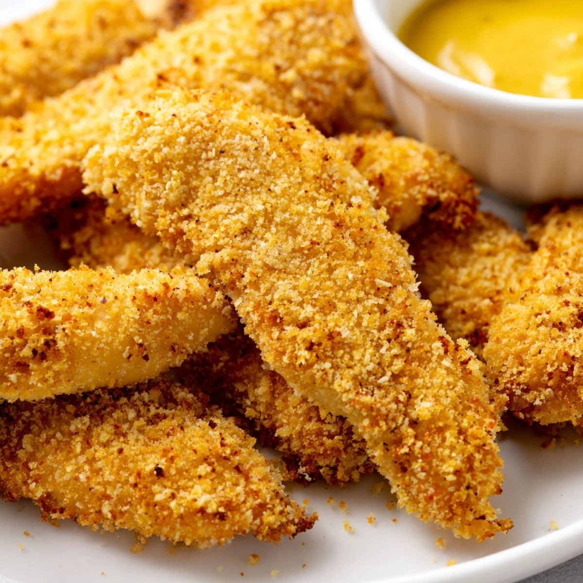 Homemade honey mustard chicken tenders arranged on white plate with creamy honey mustard sauce