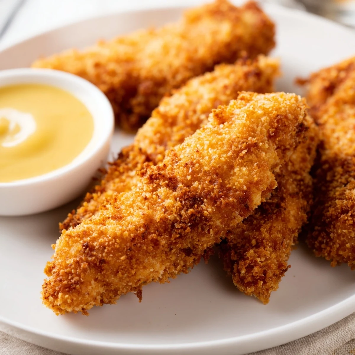 Baked honey mustard chicken tenders featuring golden brown crust served alongside sweet honey mustard dipping sauce