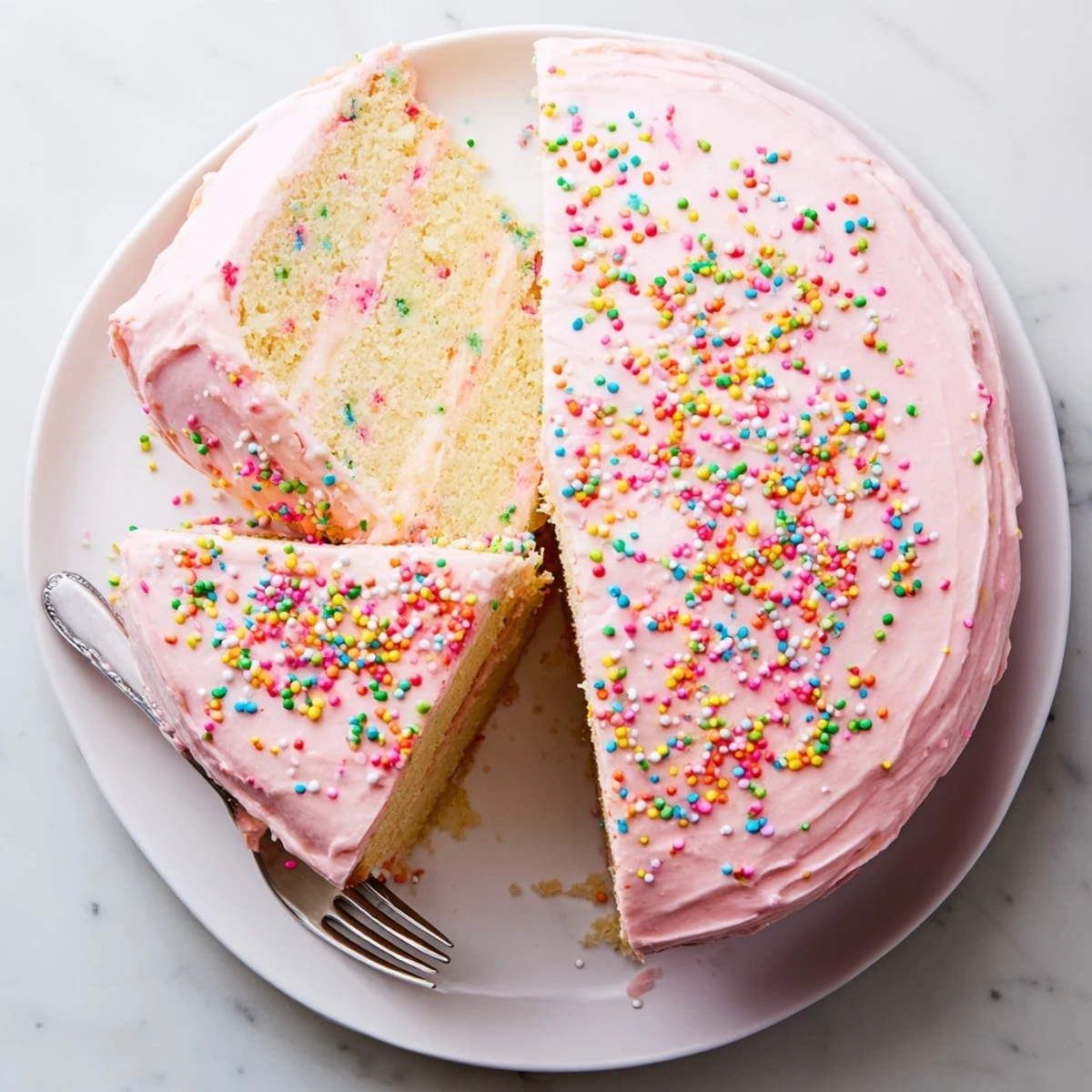 Vibrant strawberry funfetti cake slice showcasing fresh strawberry bits and smooth pink buttercream frosting
