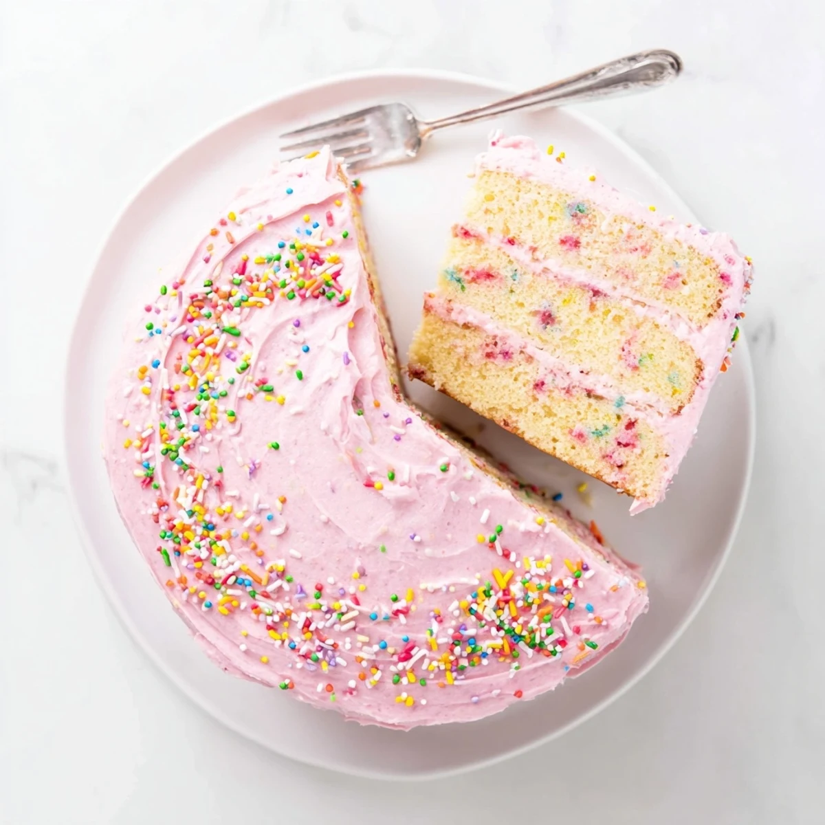 Whimsical strawberry funfetti cake layered with pink strawberry buttercream and colorful rainbow sprinkles