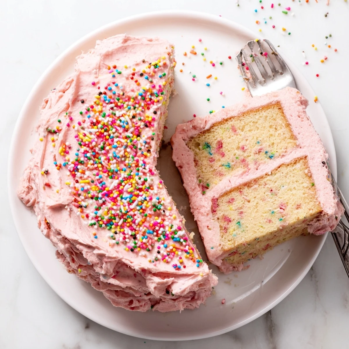 Pink strawberry buttercream frosts between two fluffy layers of sprinkle-studded strawberry funfetti cake