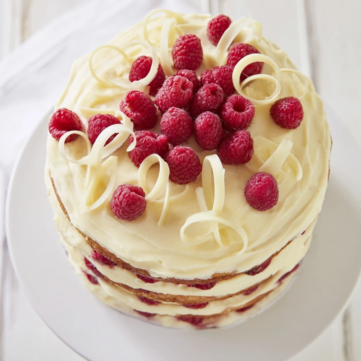 Elegant white chocolate raspberry dream cake with smooth frosting and ruby-red raspberry filling visible between layers
