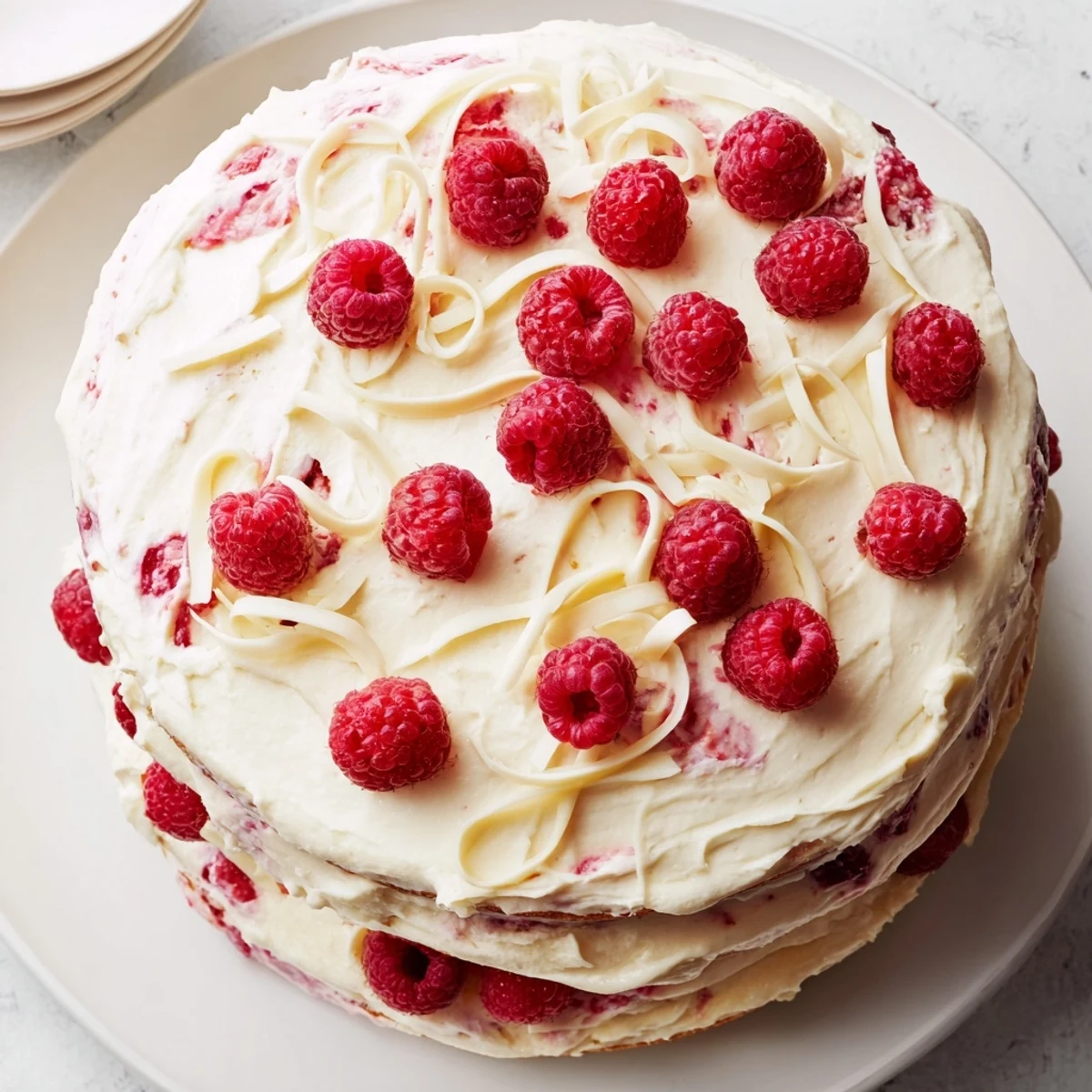 Tall white chocolate raspberry dream cake topped with fresh raspberries and decorative white chocolate curls on a cake stand