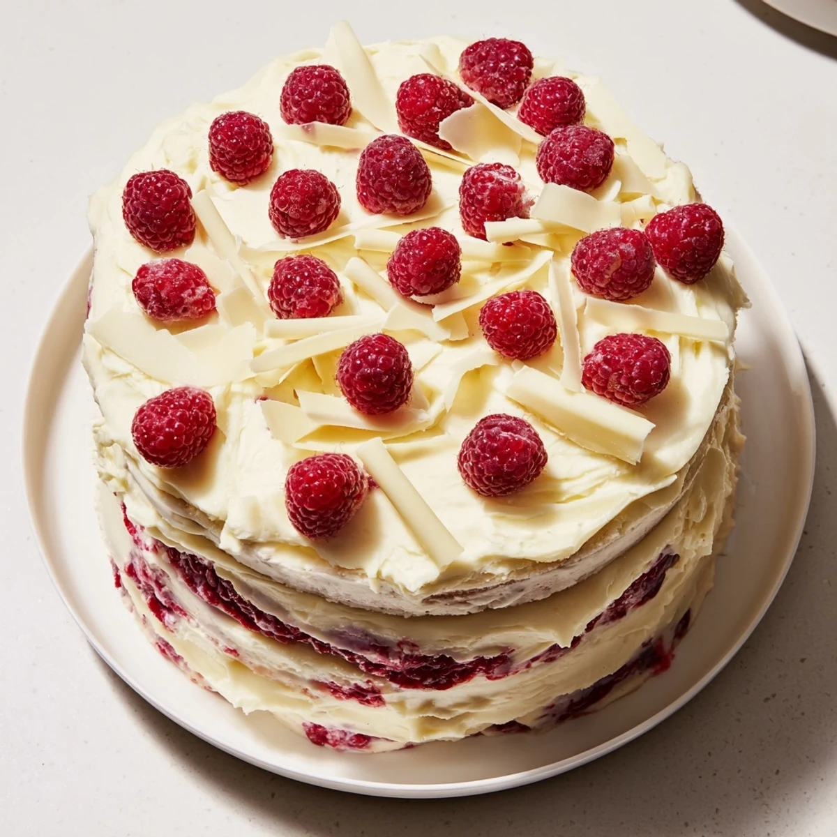 Slice of white chocolate raspberry dream cake revealing moist sponge layers sandwiched with vibrant raspberry compote