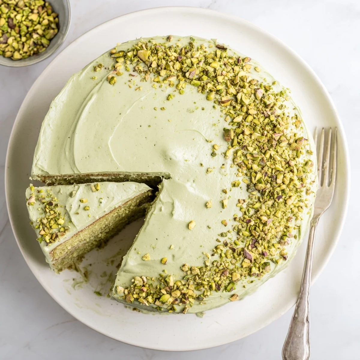 Slice of pistachio cake with creamy pistachio buttercream frosting on a white plate